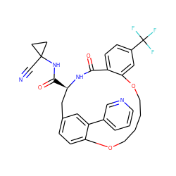 N#CC1(NC(=O)[C@@H]2Cc3ccc(c(-c4cccnc4)c3)OCCCCOc3cc(C(F)(F)F)ccc3C(=O)N2)CC1 ZINC001772599981