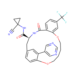 N#CC1(NC(=O)[C@@H]2Cc3ccc(c(-c4cncnc4)c3)OCCCCOc3cc(C(F)(F)F)ccc3C(=O)N2)CC1 ZINC001772637931