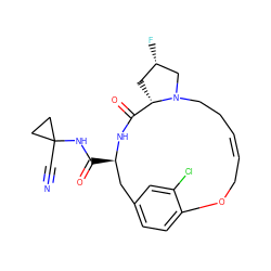 N#CC1(NC(=O)[C@@H]2Cc3ccc(c(Cl)c3)OC/C=C/CCN3C[C@@H](F)C[C@H]3C(=O)N2)CC1 ZINC000205110904