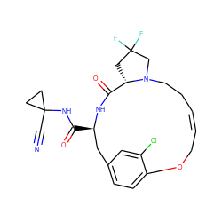 N#CC1(NC(=O)[C@@H]2Cc3ccc(c(Cl)c3)OC/C=C/CCN3CC(F)(F)C[C@H]3C(=O)N2)CC1 ZINC000205113122