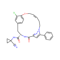 N#CC1(NC(=O)[C@@H]2Cc3ccc(c(Cl)c3)OC/C=C/CCn3nc(cc3-c3ccccc3)C(=O)N2)CC1 ZINC001772571021