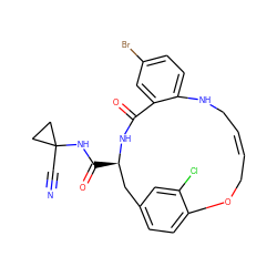 N#CC1(NC(=O)[C@@H]2Cc3ccc(c(Cl)c3)OC/C=C/CNc3ccc(Br)cc3C(=O)N2)CC1 ZINC000205121270