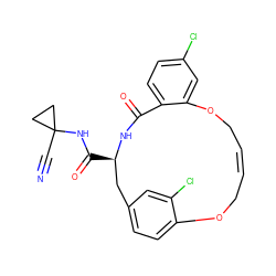 N#CC1(NC(=O)[C@@H]2Cc3ccc(c(Cl)c3)OC/C=C/COc3cc(Cl)ccc3C(=O)N2)CC1 ZINC000205119320