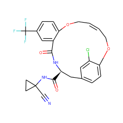 N#CC1(NC(=O)[C@@H]2Cc3ccc(c(Cl)c3)OC/C=C/COc3ccc(C(F)(F)F)cc3C(=O)N2)CC1 ZINC000205119351