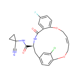 N#CC1(NC(=O)[C@@H]2Cc3ccc(c(Cl)c3)OC/C=C/COc3ccc(F)cc3C(=O)N2)CC1 ZINC000205119298