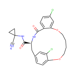 N#CC1(NC(=O)[C@@H]2Cc3ccc(c(Cl)c3)OCCCCOc3cc(Cl)ccc3C(=O)N2)CC1 ZINC000205121230