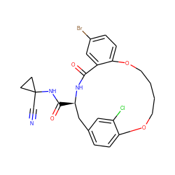 N#CC1(NC(=O)[C@@H]2Cc3ccc(c(Cl)c3)OCCCCOc3ccc(Br)cc3C(=O)N2)CC1 ZINC000205110791