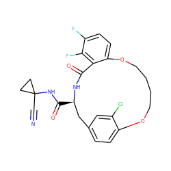 N#CC1(NC(=O)[C@@H]2Cc3ccc(c(Cl)c3)OCCCCOc3ccc(F)c(F)c3C(=O)N2)CC1 ZINC000205125947