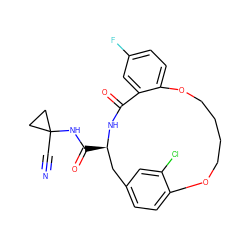 N#CC1(NC(=O)[C@@H]2Cc3ccc(c(Cl)c3)OCCCCOc3ccc(F)cc3C(=O)N2)CC1 ZINC000205119376