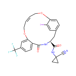 N#CC1(NC(=O)[C@@H]2Cc3ccc(c(I)c3)OC/C=C/COc3cc(C(F)(F)F)ccc3C(=O)N2)CC1 ZINC001772584758