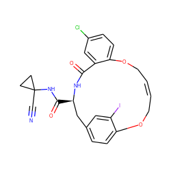 N#CC1(NC(=O)[C@@H]2Cc3ccc(c(I)c3)OC/C=C/COc3ccc(Cl)cc3C(=O)N2)CC1 ZINC000205117270