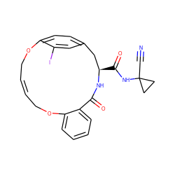 N#CC1(NC(=O)[C@@H]2Cc3ccc(c(I)c3)OC/C=C/COc3ccccc3C(=O)N2)CC1 ZINC000205117220