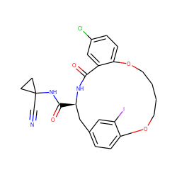 N#CC1(NC(=O)[C@@H]2Cc3ccc(c(I)c3)OCCCCOc3ccc(Cl)cc3C(=O)N2)CC1 ZINC000205119271