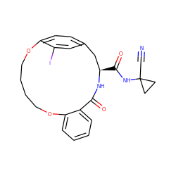 N#CC1(NC(=O)[C@@H]2Cc3ccc(c(I)c3)OCCCCOc3ccccc3C(=O)N2)CC1 ZINC000205117315