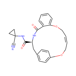 N#CC1(NC(=O)[C@@H]2Cc3ccc(cc3)OC/C=C/COc3ccccc3C(=O)N2)CC1 ZINC000205144422