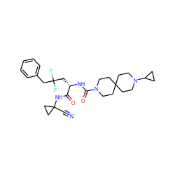 N#CC1(NC(=O)[C@H](CC(F)(F)Cc2ccccc2)NC(=O)N2CCC3(CC2)CCN(C2CC2)CC3)CC1 ZINC000113632960