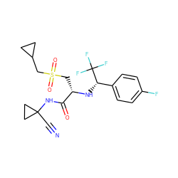 N#CC1(NC(=O)[C@H](CS(=O)(=O)CC2CC2)N[C@@H](c2ccc(F)cc2)C(F)(F)F)CC1 ZINC000014971148