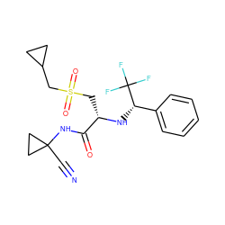 N#CC1(NC(=O)[C@H](CS(=O)(=O)CC2CC2)N[C@@H](c2ccccc2)C(F)(F)F)CC1 ZINC000014971144