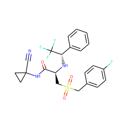 N#CC1(NC(=O)[C@H](CS(=O)(=O)Cc2ccc(F)cc2)N[C@@H](c2ccccc2)C(F)(F)F)CC1 ZINC000014971151