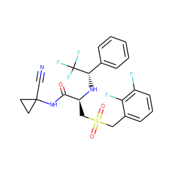 N#CC1(NC(=O)[C@H](CS(=O)(=O)Cc2cccc(F)c2F)N[C@@H](c2ccccc2)C(F)(F)F)CC1 ZINC000014971155