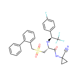 N#CC1(NC(=O)[C@H](CS(=O)(=O)Cc2ccccc2-c2ccccc2)N[C@@H](c2ccc(F)cc2)C(F)(F)F)CC1 ZINC000014971166