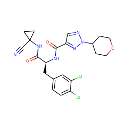 N#CC1(NC(=O)[C@H](Cc2ccc(Cl)c(Cl)c2)NC(=O)c2cnn(C3CCOCC3)n2)CC1 ZINC001772631692