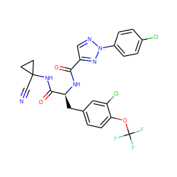 N#CC1(NC(=O)[C@H](Cc2ccc(OC(F)(F)F)c(Cl)c2)NC(=O)c2cnn(-c3ccc(Cl)cc3)n2)CC1 ZINC001772572246