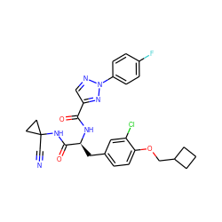 N#CC1(NC(=O)[C@H](Cc2ccc(OCC3CCC3)c(Cl)c2)NC(=O)c2cnn(-c3ccc(F)cc3)n2)CC1 ZINC001772578148