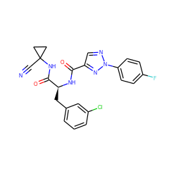 N#CC1(NC(=O)[C@H](Cc2cccc(Cl)c2)NC(=O)c2cnn(-c3ccc(F)cc3)n2)CC1 ZINC001772617489