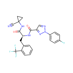 N#CC1(NC(=O)[C@H](Cc2ccccc2C(F)(F)F)NC(=O)c2cnn(-c3ccc(F)cc3)n2)CC1 ZINC001772627951