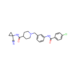 N#CC1(NC(=O)C2CCN(Cc3cccc(NC(=O)c4ccc(Cl)cc4)c3)CC2)CC1 ZINC001772573162