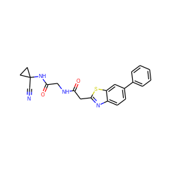 N#CC1(NC(=O)CNC(=O)Cc2nc3ccc(-c4ccccc4)cc3s2)CC1 ZINC000146213617