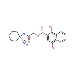 N#CC1(NC(=O)COC(=O)c2cc(O)c3ccccc3c2O)CCCCC1 ZINC000004414262