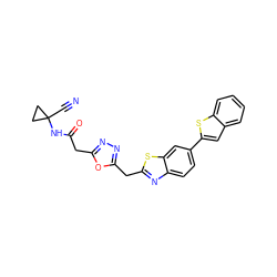 N#CC1(NC(=O)Cc2nnc(Cc3nc4ccc(-c5cc6ccccc6s5)cc4s3)o2)CC1 ZINC000149908161