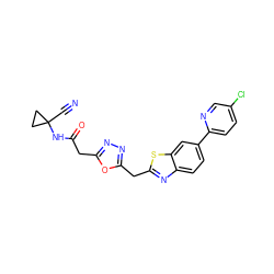 N#CC1(NC(=O)Cc2nnc(Cc3nc4ccc(-c5ccc(Cl)cn5)cc4s3)o2)CC1 ZINC000169702912