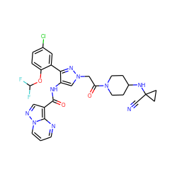 N#CC1(NC2CCN(C(=O)Cn3cc(NC(=O)c4cnn5cccnc45)c(-c4cc(Cl)ccc4OC(F)F)n3)CC2)CC1 ZINC001772647110