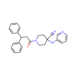 N#CC1(Nc2cccnc2)CCN(C(=O)CC(c2ccccc2)c2ccccc2)CC1 ZINC000013729127