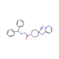 N#CC1(Nc2cccnc2)CCN(C(=O)CNC(c2ccccc2)c2ccccc2)CC1 ZINC000013729335