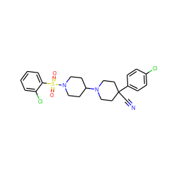 N#CC1(c2ccc(Cl)cc2)CCN(C2CCN(S(=O)(=O)c3ccccc3Cl)CC2)CC1 ZINC000029125883