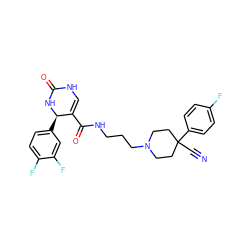 N#CC1(c2ccc(F)cc2)CCN(CCCNC(=O)C2=CNC(=O)N[C@@H]2c2ccc(F)c(F)c2)CC1 ZINC000013809190