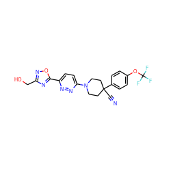 N#CC1(c2ccc(OC(F)(F)F)cc2)CCN(c2ccc(-c3nc(CO)no3)nn2)CC1 ZINC001772578411