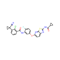 N#CC1(c2cccc(C(=O)Nc3cc(Oc4ccc5nc(NC(=O)C6CC6)sc5n4)ccc3F)c2Cl)CC1 ZINC000059083294