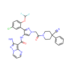 N#CC1(c2ccccc2)CCN(C(=O)Cn2cc(NC(=O)c3c(N)nn4cccnc34)c(-c3cc(Cl)ccc3OC(F)F)n2)CC1 ZINC001772603531