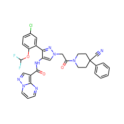 N#CC1(c2ccccc2)CCN(C(=O)Cn2cc(NC(=O)c3cnn4cccnc34)c(-c3cc(Cl)ccc3OC(F)F)n2)CC1 ZINC001772585100