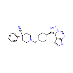 N#CC1(c2ccccc2)CCN(C[C@H]2CC[C@H](c3nnn4cnc5[nH]ccc5c34)CC2)CC1 ZINC001772608558