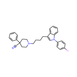 N#CC1(c2ccccc2)CCN(CCCCc2cn(-c3ccc(I)cc3)c3ccccc23)CC1 ZINC000653790975