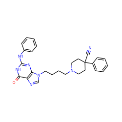 N#CC1(c2ccccc2)CCN(CCCCn2cnc3c(=O)[nH]c(Nc4ccccc4)nc32)CC1 ZINC000013644953