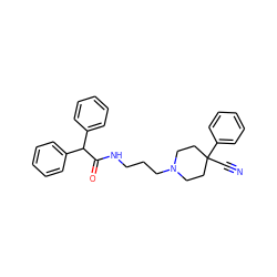 N#CC1(c2ccccc2)CCN(CCCNC(=O)C(c2ccccc2)c2ccccc2)CC1 ZINC000029389275