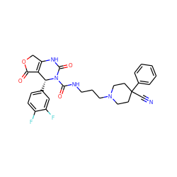 N#CC1(c2ccccc2)CCN(CCCNC(=O)N2C(=O)NC3=C(C(=O)OC3)[C@H]2c2ccc(F)c(F)c2)CC1 ZINC000100844334