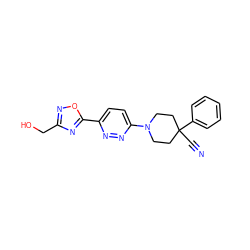 N#CC1(c2ccccc2)CCN(c2ccc(-c3nc(CO)no3)nn2)CC1 ZINC001772618624